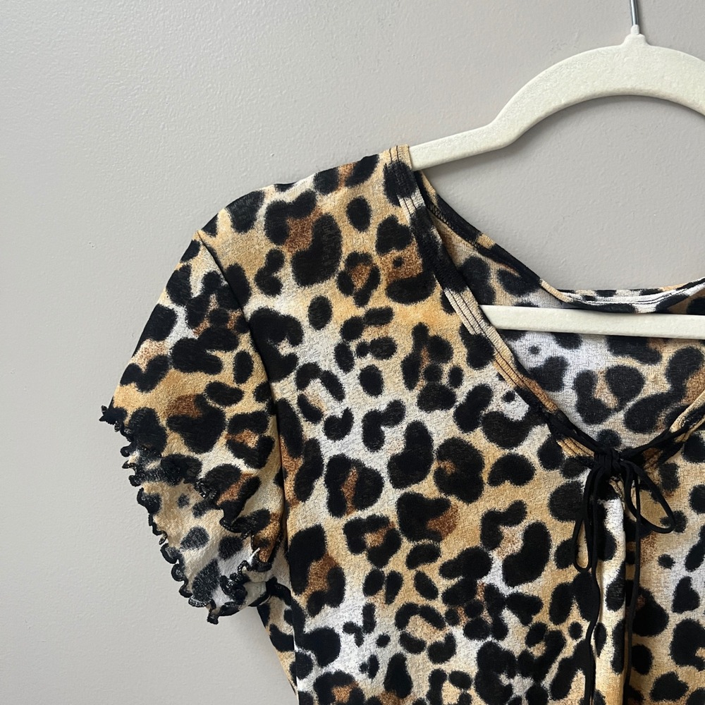 Vintage Y2K Leopard Print Top Women's Small Mesh Fitted Stretch Lettuce Hem - Picture 6 of 12